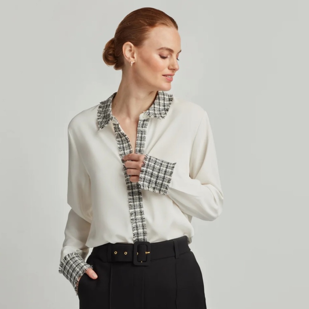 Ellen Tracy TWEED TRIM BLOUSE Button Down XS NWOT